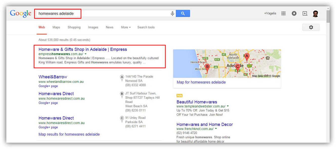 Seo results for the keyword 'homewares Adelaide'